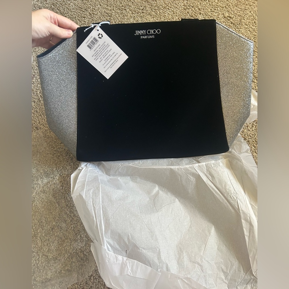 New Jimmy Choo Parfums Travel Black Silver Glitter Tote Bag Designer Open Top